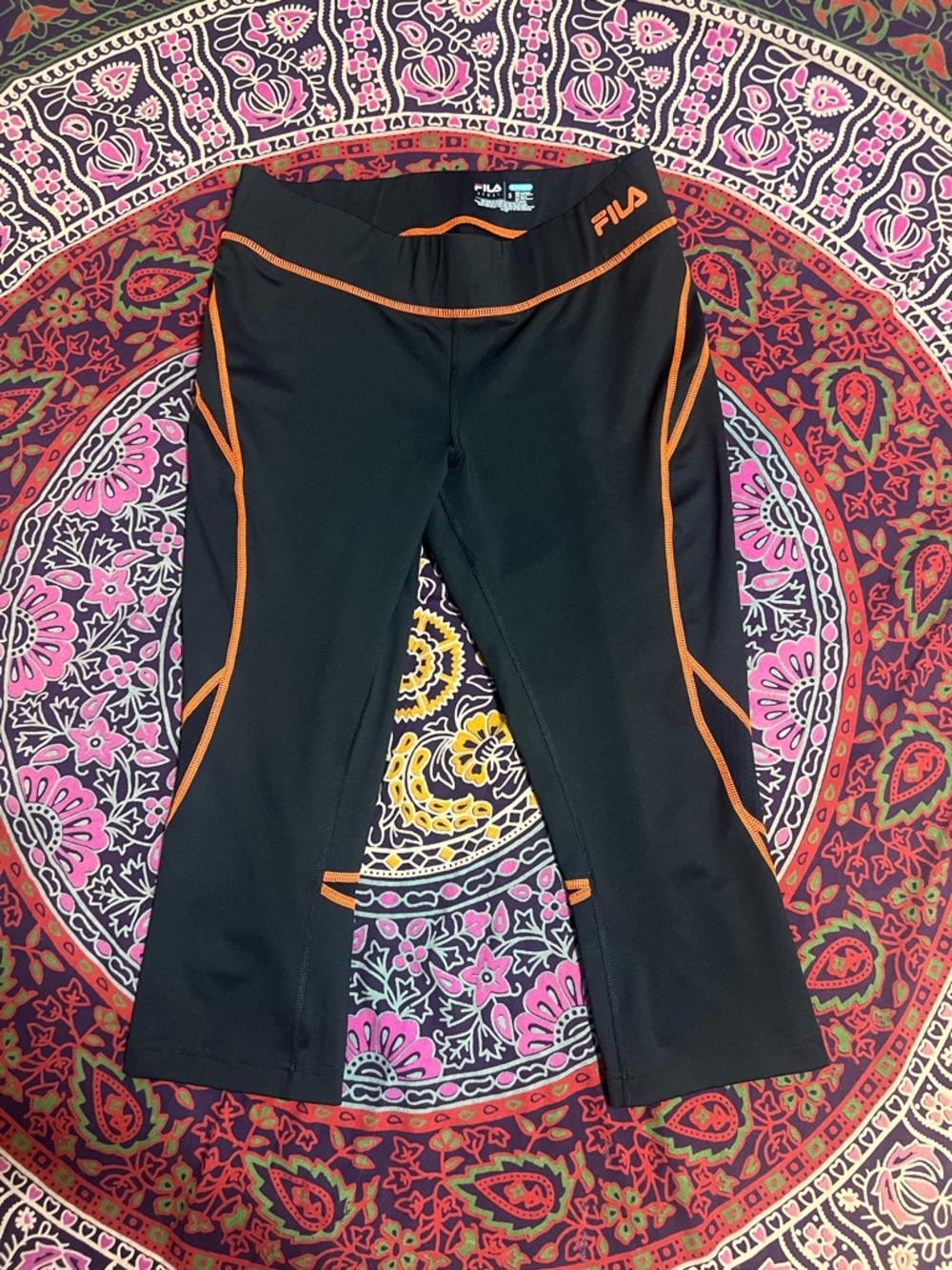 Fila Women's Sport Performance Running Capri Pants Black w/ Orange Stitch Size S